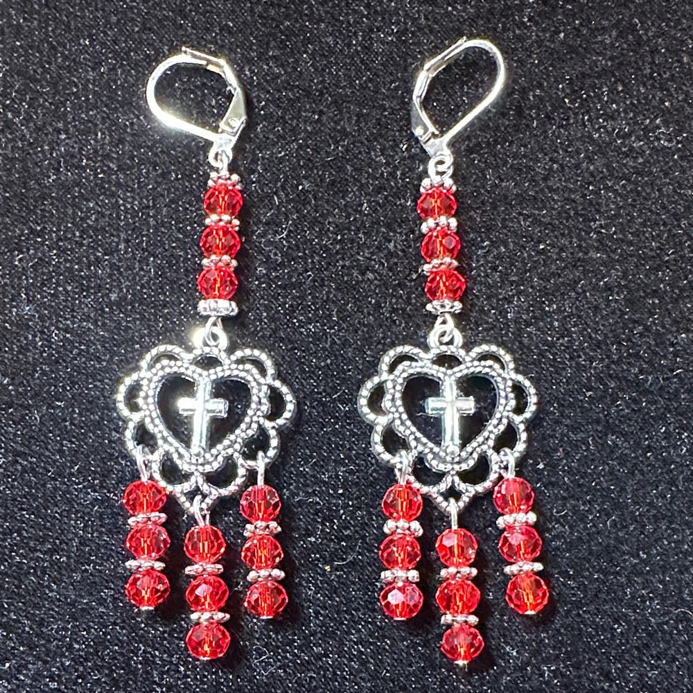 Heart/Cross Red and Silver Dangle Earrings